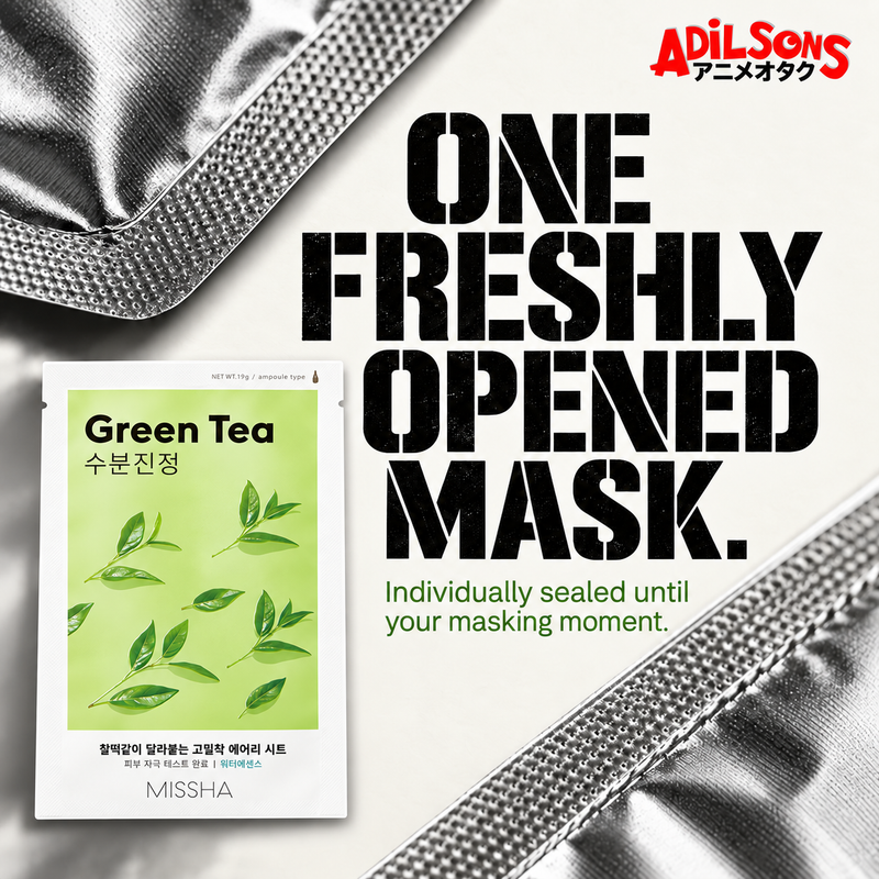 MISSHA Green Tea sheet mask beside a close-up of sealed sachet material.