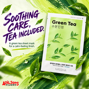 MISSHA Green Tea sheet mask on an expressive green brushstroke background.