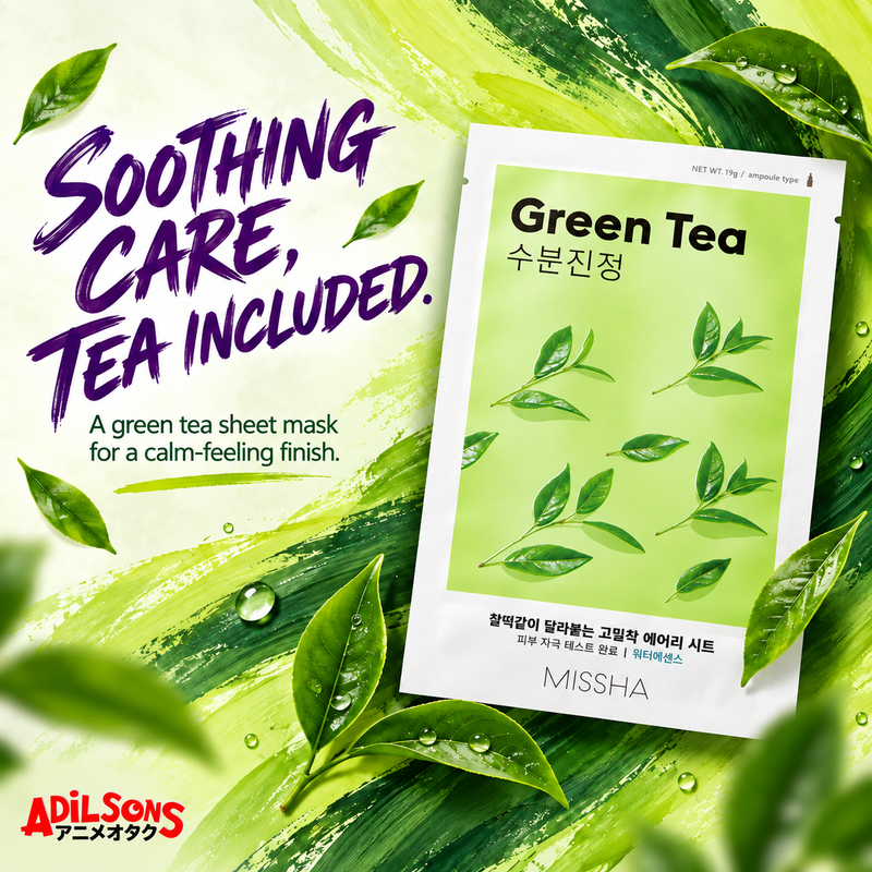 MISSHA Green Tea sheet mask on an expressive green brushstroke background.