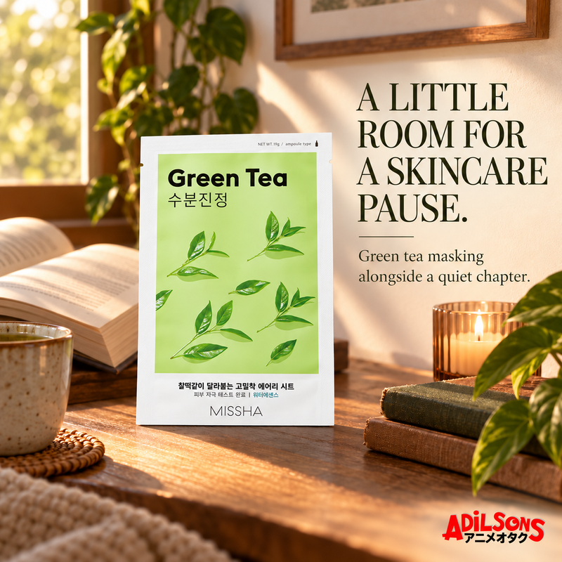 MISSHA Green Tea mask beside books and a candlelit reading nook.