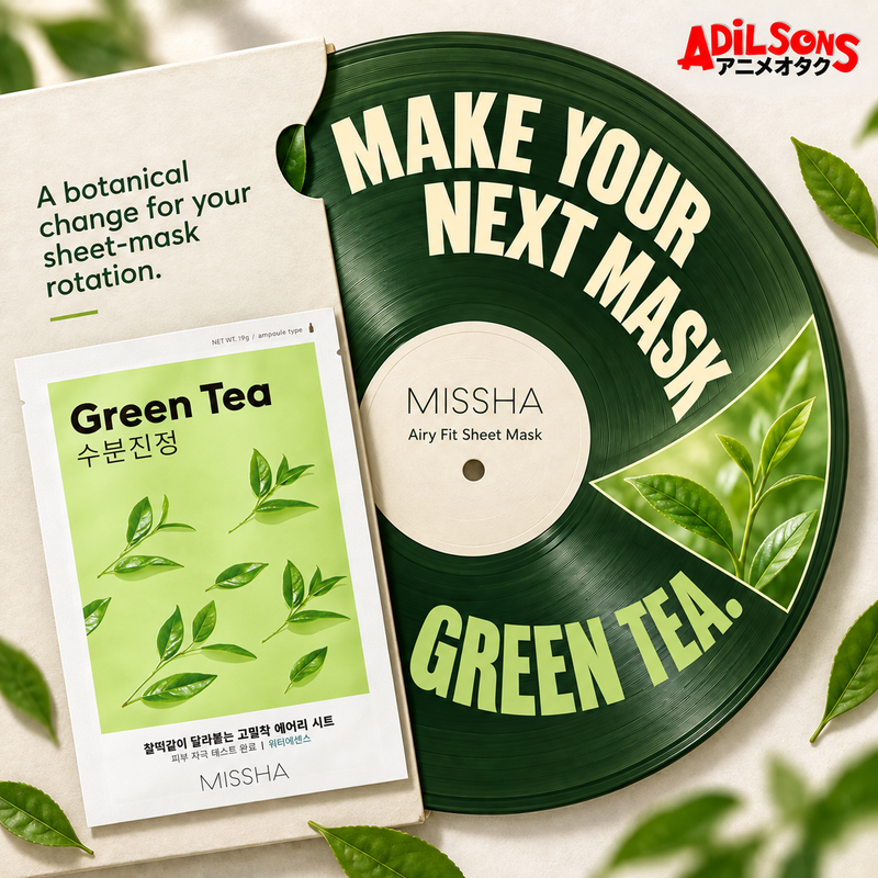 MISSHA Green Tea mask beside a stylized green vinyl record.