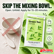 MISSHA Green Tea sheet mask shown beside an unused mixing bowl with three simple open, unfold and apply steps.