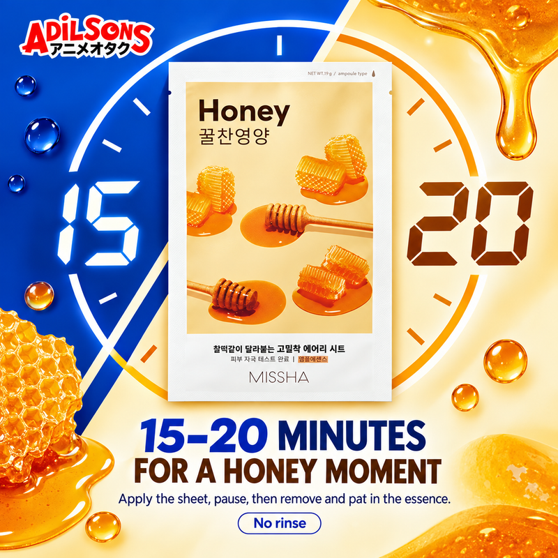 15–20 MINUTES FOR A HONEY MOMENT. Apply the sheet, pause, then remove and pat in the essence. No rinse.