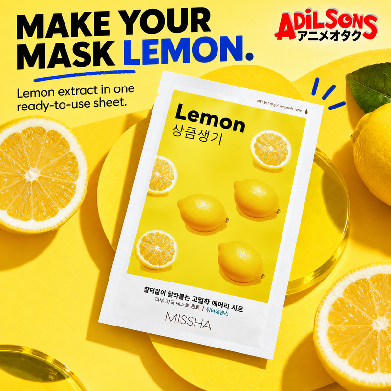 MISSHA Airy Fit Lemon sheet mask creative: MAKE YOUR MASK LEMON. Lemon extract in one ready-to-use sheet.