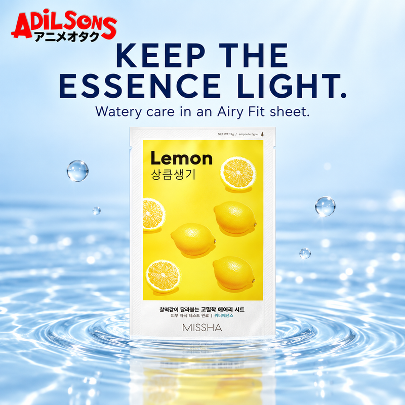 MISSHA Airy Fit Lemon sheet mask creative: KEEP THE ESSENCE LIGHT. Watery care in an Airy Fit sheet.