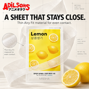 MISSHA Airy Fit Lemon sheet mask creative: A SHEET THAT STAYS CLOSE. Thin Airy Fit material for even contact.