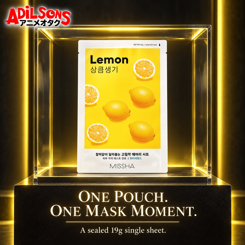 MISSHA Airy Fit Lemon sheet mask creative: ONE POUCH. ONE MASK MOMENT. A sealed 19g single sheet.