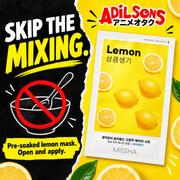 MISSHA Airy Fit Lemon sheet mask creative: SKIP THE MIXING. Pre-soaked lemon mask. Open and apply.