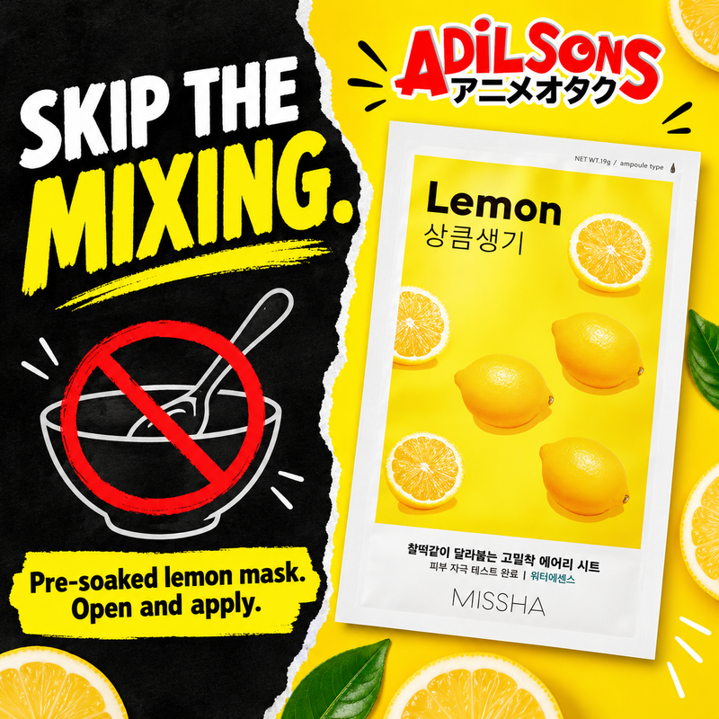 MISSHA Airy Fit Lemon sheet mask creative: SKIP THE MIXING. Pre-soaked lemon mask. Open and apply.