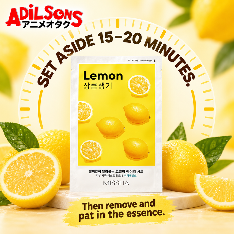 MISSHA Airy Fit Lemon sheet mask creative: SET ASIDE 15–20 MINUTES. Then remove and pat in the essence.