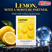 MISSHA Airy Fit Lemon sheet mask creative: LEMON, WITH A MOISTURE PARTNER. Made with sodium hyaluronate.