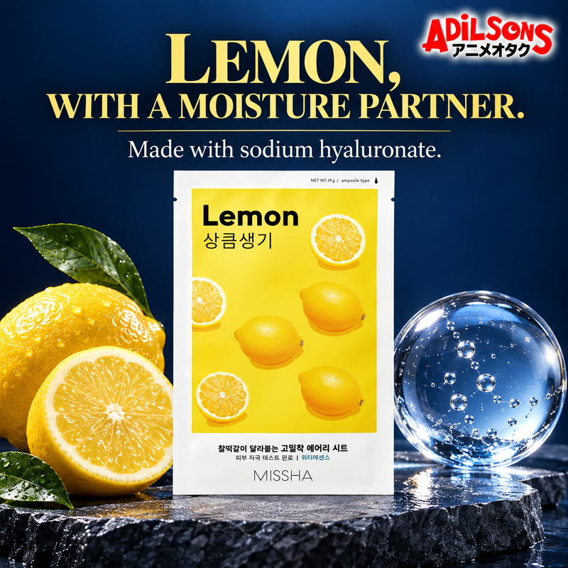 MISSHA Airy Fit Lemon sheet mask creative: LEMON, WITH A MOISTURE PARTNER. Made with sodium hyaluronate.