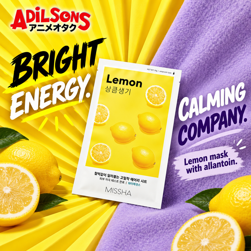 MISSHA Airy Fit Lemon sheet mask creative: BRIGHT ENERGY. CALMING COMPANY. Lemon mask with allantoin.