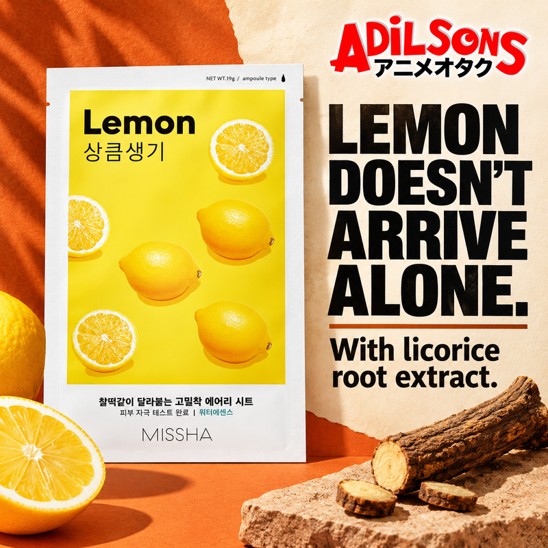 MISSHA Airy Fit Lemon sheet mask creative: LEMON DOESN'T ARRIVE ALONE. With licorice root extract.