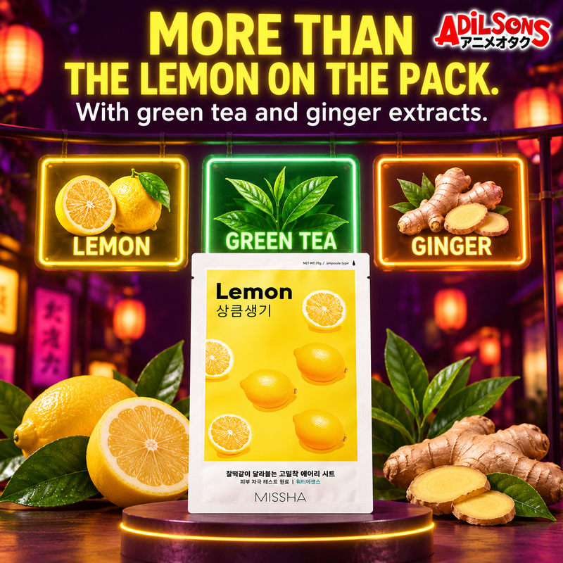 MISSHA Airy Fit Lemon sheet mask creative: MORE THAN THE LEMON ON THE PACK. With green tea and ginger extracts.