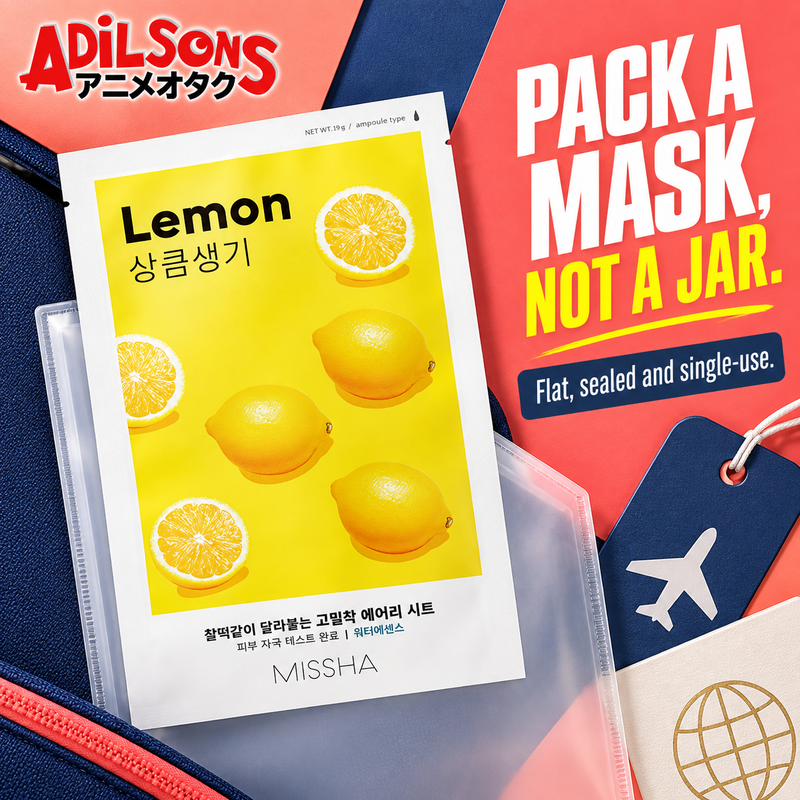 MISSHA Airy Fit Lemon sheet mask creative: PACK A MASK, NOT A JAR. Flat, sealed and single-use.