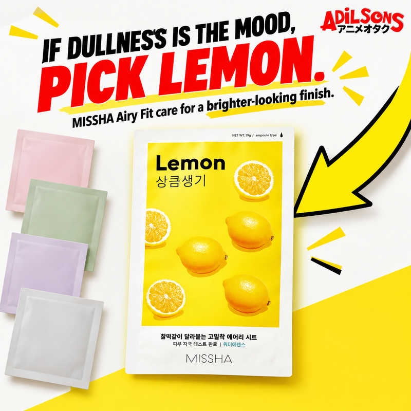 MISSHA Airy Fit Lemon sheet mask creative: IF DULLNESS IS THE MOOD, PICK LEMON. MISSHA Airy Fit care for a brighter-looking finish.