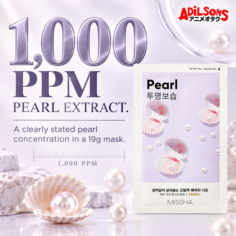 MISSHA Airy Fit Sheet Mask Pearl — 1,000 PPM PEARL EXTRACT. A clearly stated pearl concentration in a 19g mask.