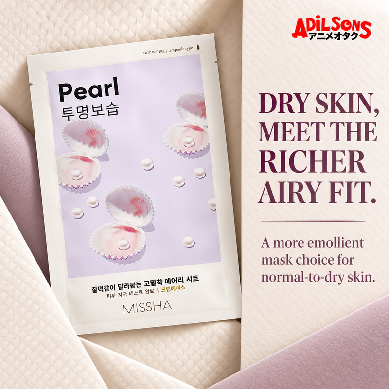 MISSHA Airy Fit Sheet Mask Pearl — DRY SKIN, MEET THE RICHER AIRY FIT. A more emollient mask choice for normal-to-dry skin.