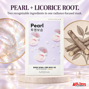 MISSHA Airy Fit Sheet Mask Pearl — PEARL + LICORICE ROOT. Two recognizable ingredients in one radiance-focused mask.