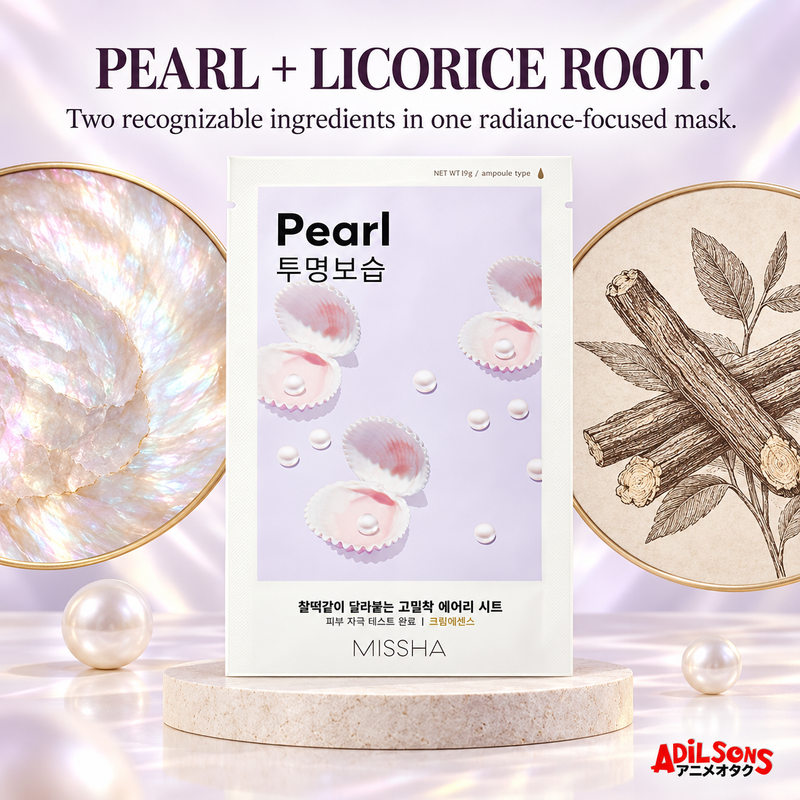 MISSHA Airy Fit Sheet Mask Pearl — PEARL + LICORICE ROOT. Two recognizable ingredients in one radiance-focused mask.
