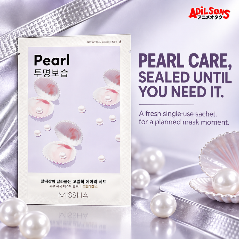 MISSHA Airy Fit Sheet Mask Pearl — PEARL CARE, SEALED UNTIL YOU NEED IT. A fresh single-use sachet for a planned mask moment.