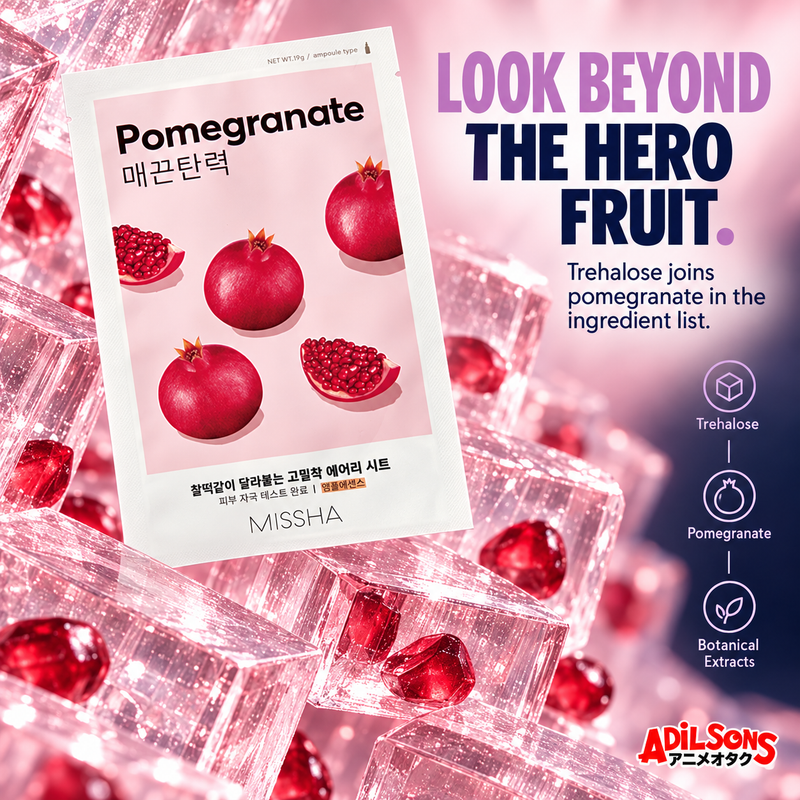 LOOK BEYOND THE HERO FRUIT. Trehalose joins pomegranate in the ingredient list.