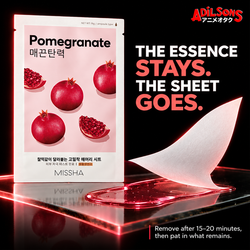 THE ESSENCE STAYS. THE SHEET GOES. Remove after 15–20 minutes, then pat in what remains.