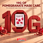 19G OF POMEGRANATE MASK CARE. One ampoule-type sheet mask in a sealed sachet.