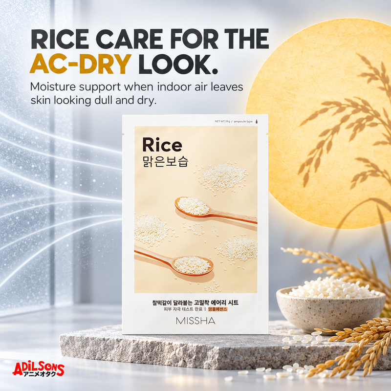 RICE CARE FOR THE AC-DRY LOOK. Moisture support when indoor air leaves skin looking dull and dry.