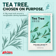MISSHA Airy Fit Sheet Mask Tea Tree — TEA TREE, CHOSEN ON PURPOSE. A 19g mask built around a recognizable calming ingredient.