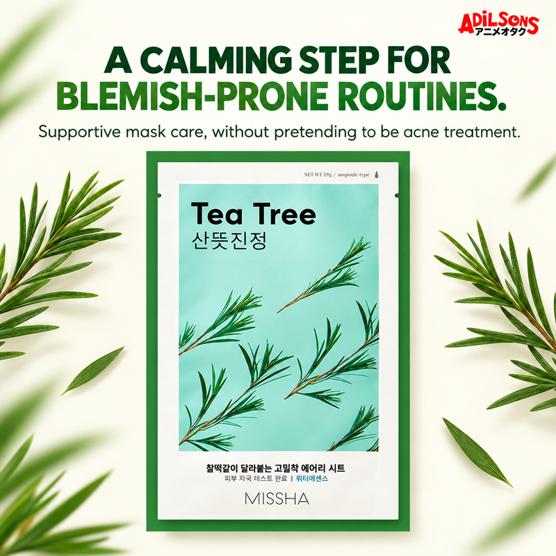 MISSHA Airy Fit Sheet Mask Tea Tree — A CALMING STEP FOR BLEMISH-PRONE ROUTINES. Supportive mask care, without pretending to be acne treatment.