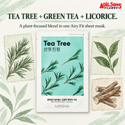 MISSHA Airy Fit Sheet Mask Tea Tree — TEA TREE + GREEN TEA + LICORICE. A plant-focused blend in one Airy Fit sheet mask.