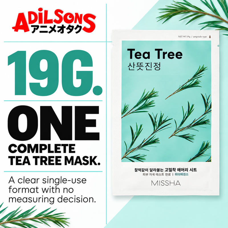 MISSHA Airy Fit Sheet Mask Tea Tree — 19G. ONE COMPLETE TEA TREE MASK. A clear single-use format with no measuring decision.