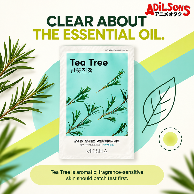 MISSHA Airy Fit Sheet Mask Tea Tree — CLEAR ABOUT THE ESSENTIAL OIL. Tea Tree is aromatic; fragrance-sensitive skin should patch test first.