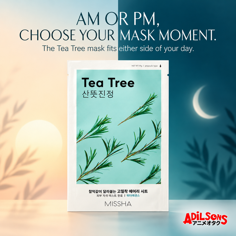 MISSHA Airy Fit Sheet Mask Tea Tree — AM OR PM, CHOOSE YOUR MASK MOMENT. The Tea Tree mask fits either side of your day.