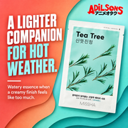 MISSHA Airy Fit Sheet Mask Tea Tree — A LIGHTER COMPANION FOR HOT WEATHER. Watery essence when a creamy finish feels like too much.