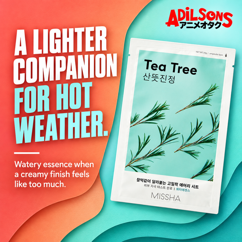 MISSHA Airy Fit Sheet Mask Tea Tree — A LIGHTER COMPANION FOR HOT WEATHER. Watery essence when a creamy finish feels like too much.