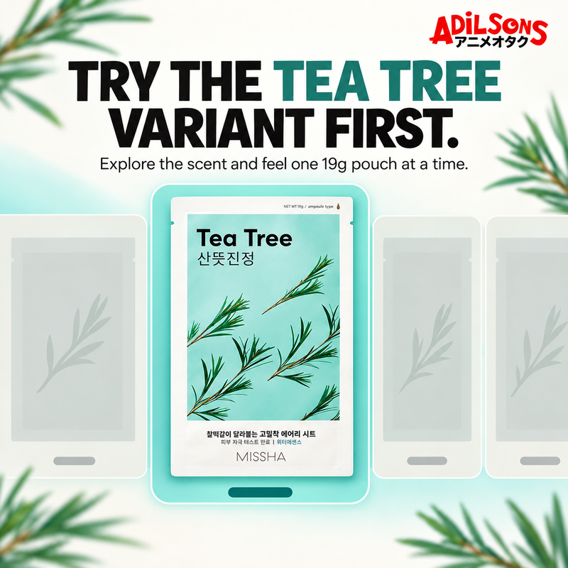 MISSHA Airy Fit Sheet Mask Tea Tree — TRY THE TEA TREE VARIANT FIRST. Explore the scent and feel one 19g pouch at a time.