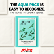 MISSHA Airy Fit Sheet Mask Tea Tree — THE AQUA PACK IS EASY TO RECOGNIZE. Find your Tea Tree variant at a glance.
