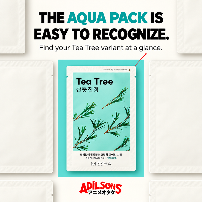 MISSHA Airy Fit Sheet Mask Tea Tree — THE AQUA PACK IS EASY TO RECOGNIZE. Find your Tea Tree variant at a glance.