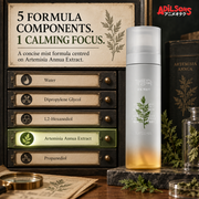 5 FORMULA COMPONENTS. 1 CALMING FOCUS. A concise mist formula centred on Artemisia Annua Extract.