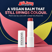 A VEGAN BALM THAT STILL BRINGS COLOUR. Plant-wax lip care with a sheer Dry Rose tint.
