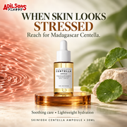 SKIN1004 Madagascar Centella Ampoule 30ml ad presenting a calming step for skin that looks stressed.