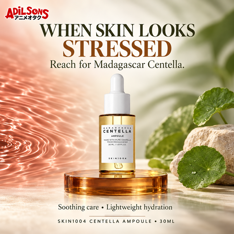 SKIN1004 Madagascar Centella Ampoule 30ml ad presenting a calming step for skin that looks stressed.