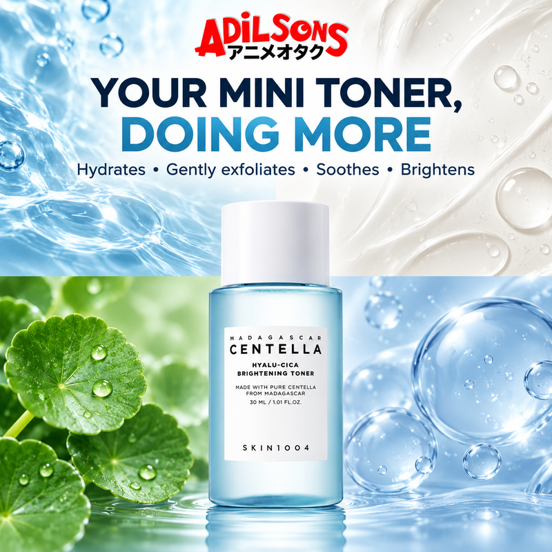 Adilsons Beauty ad for SKIN1004 Hyalu-Cica Brightening Toner 30 ml: Four-benefit summary