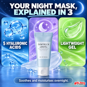 Night mask explained through five Hyaluronic acids, Melatonin and lightweight gel.