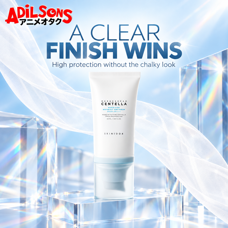Adilsons Beauty ad for SKIN1004 Hyalu-Cica Water-Fit Sun Serum 50 ml: No-white-cast finish resolves a common sunscreen objection