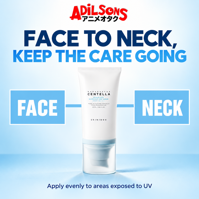 Adilsons Beauty ad for SKIN1004 Hyalu-Cica Water-Fit Sun Serum 50 ml: One product is designed for exposed areas beyond the face