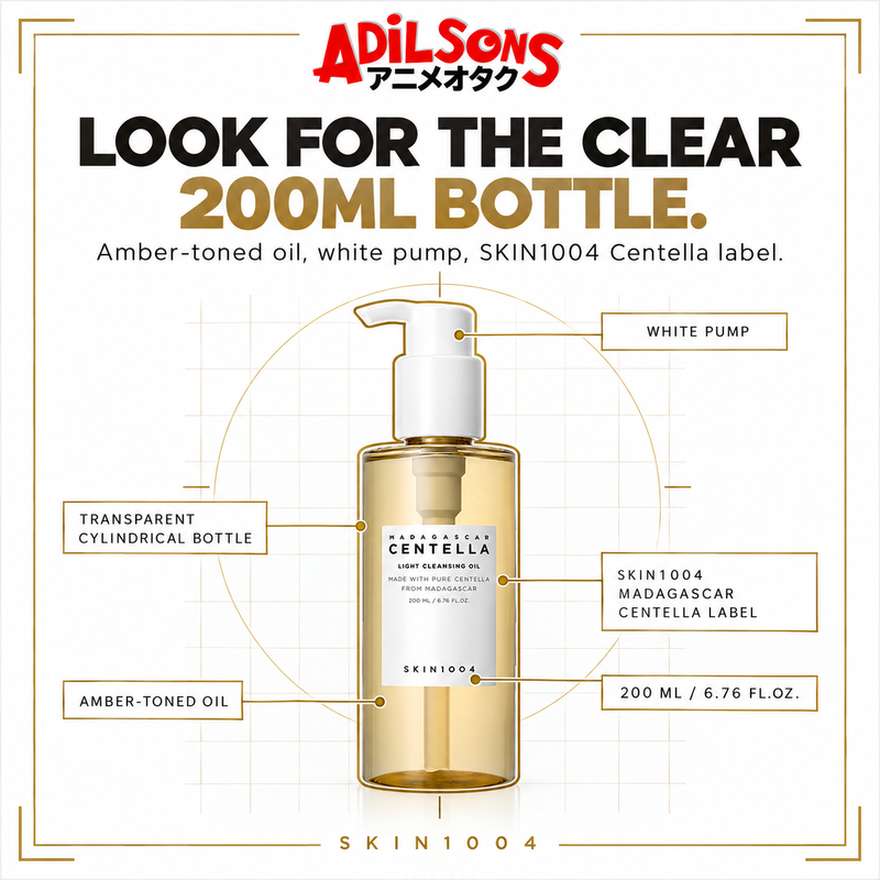 LOOK FOR THE CLEAR 200ML BOTTLE. Amber-toned oil, white pump, SKIN1004 Centella label.